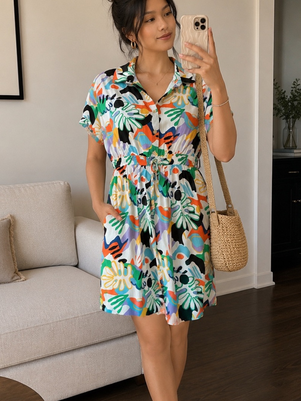 Multicolor Abstract Short Sleeve Drawstring Jumpsuit
